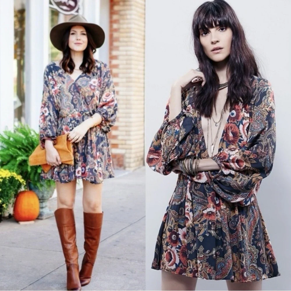 Free People High Plains Boho Ballon Sleeve Mini Dress in Paisley Print Size S